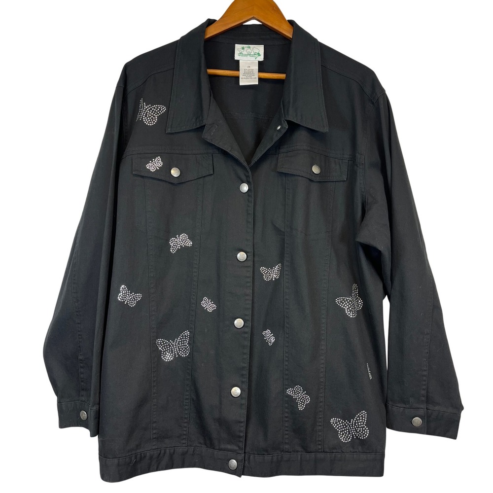 The Quacker Factory Womens Black Rhinestone‎ Butterfly Jean Jacket 2X Plus Size